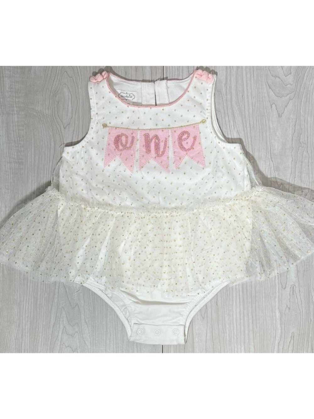 Mud Pie 12-18m NWT birthday ONE 1st 1 bodysuit pink gold dots tulle tutu bows